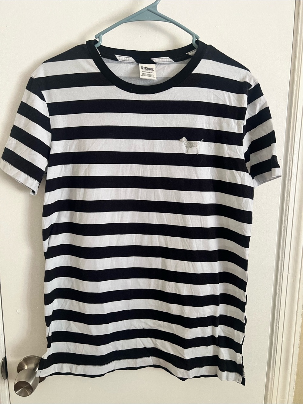 PINK Victoria's Secret Black and White Striped Crew Tee